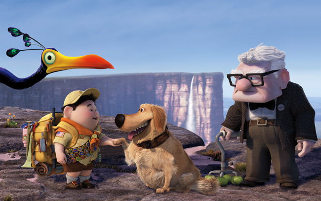 Left to right: Kevin, Russell, Dug and Carl Fredricksen (voice of Edward Asner) in Up