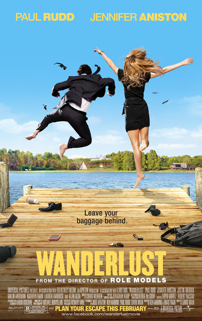 The movie poster for Wanderlust starring Paul Rudd and Jennifer Aniston