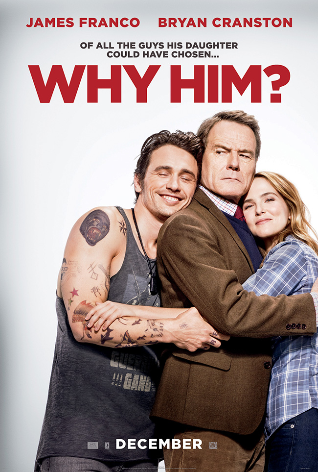 The movie poster for Why Him? starring James Franco and Bryan Cranston