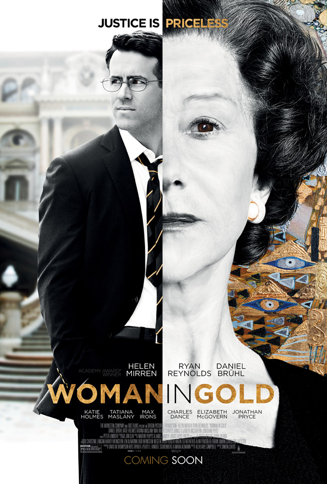 The movie poster for Woman in Gold starring Ryan Reynolds and Helen Mirren